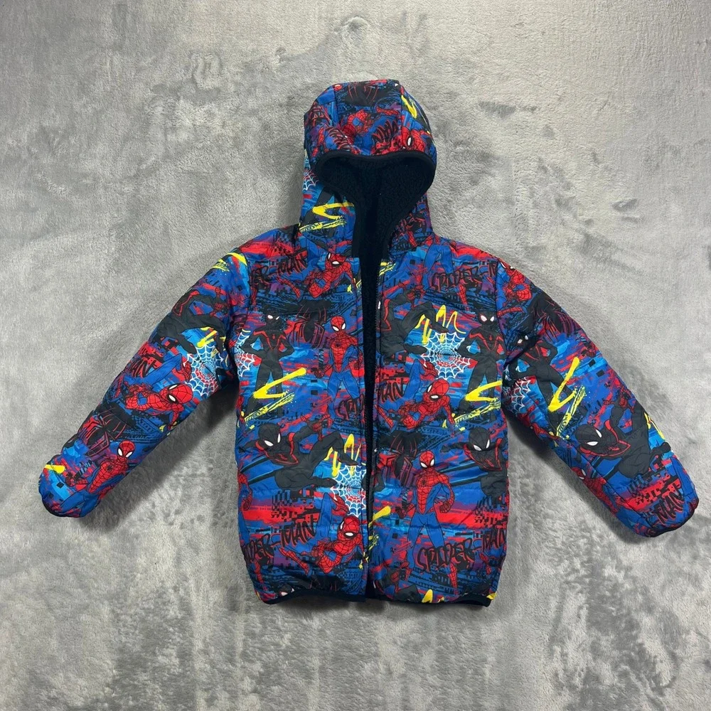 Spider-Man Puffer Reversible Hoodie Jacket Kids Size 6 Black Blue Good Marvel